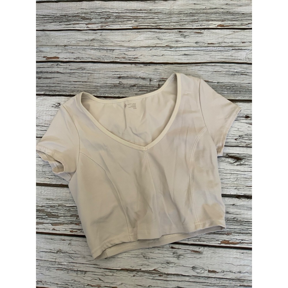 Offline by Aerie Goals Ribbed‎ V-Neck Short Sleeve Crop Top Cream Beige Medium